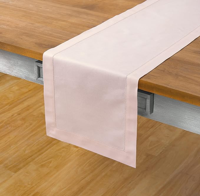 Solino Home Pink Hemstitch Table Runner 48 Inches - Cotton Linen Small Table Runner 14 x 48 Inch Ideal for Dresser and Coffee Tables - Spring, Summer
