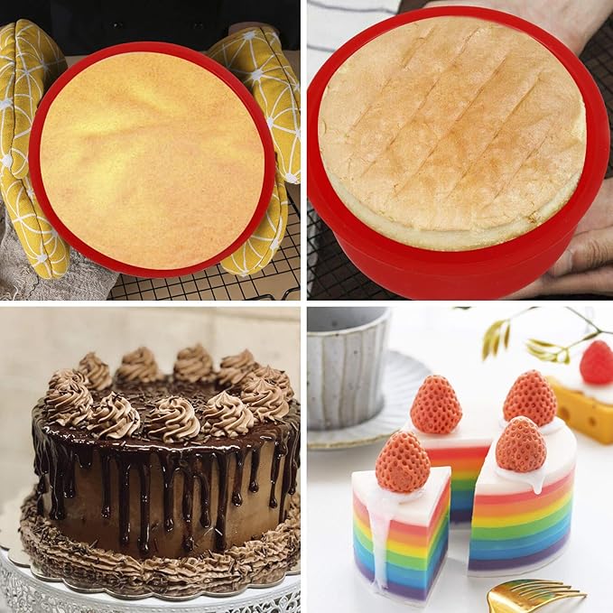 4 Inch Silicone Mini Molds, Round Non-Stick Baking Molds - Reusable Cake Pan for Muffin, Cupcake, Layer, Cheese, Rainbow Cakes (Red, Set of 6)
