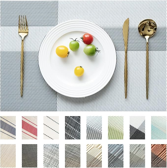 Placemats Set of 12 Vinyl/Plastic Woven Place Mats for Kitchen Table Indoor/Outdoor Washable Placemat Wipeable Dining Table Mats (Silver Cube,12)