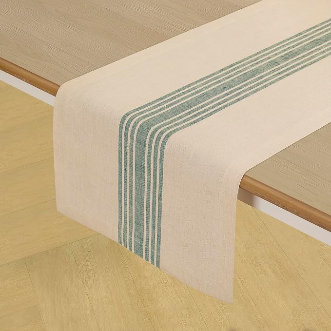 Solino Home Stripe Linen Table Runner 144 Inches Long - 100% Pure Linen Green and Natural Farmhouse Table Runner 14 x 144 Inch for Dining, Summer