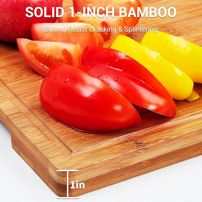 Bamboo Cutting Board for Kitchen, 16x11 in, 1-in Thick Wood Chopping Board with Deep Juice Groove for Meat Fruit Vegetable, Knives-Friendly & Easy to Clean, Natural