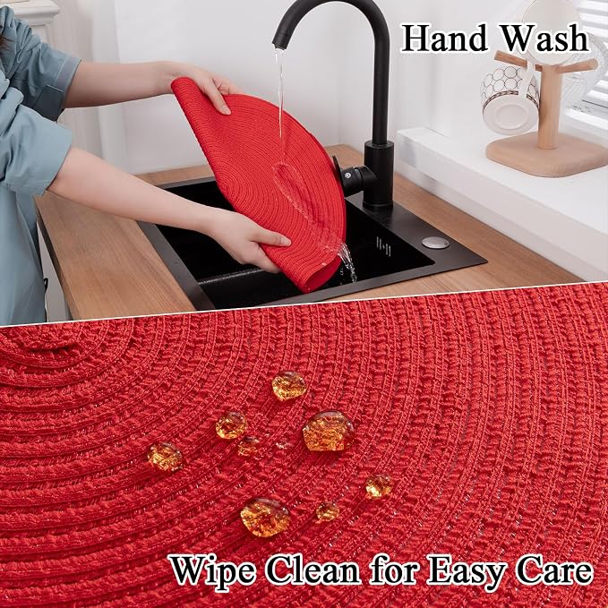 SHACOS Round Placemats Set of 4 Non Slip Washable Place Mats 15 inch Cotton Polyester Braided Placemat for Christmas Home Wedding Party Dining Table Decor (Red, 4)
