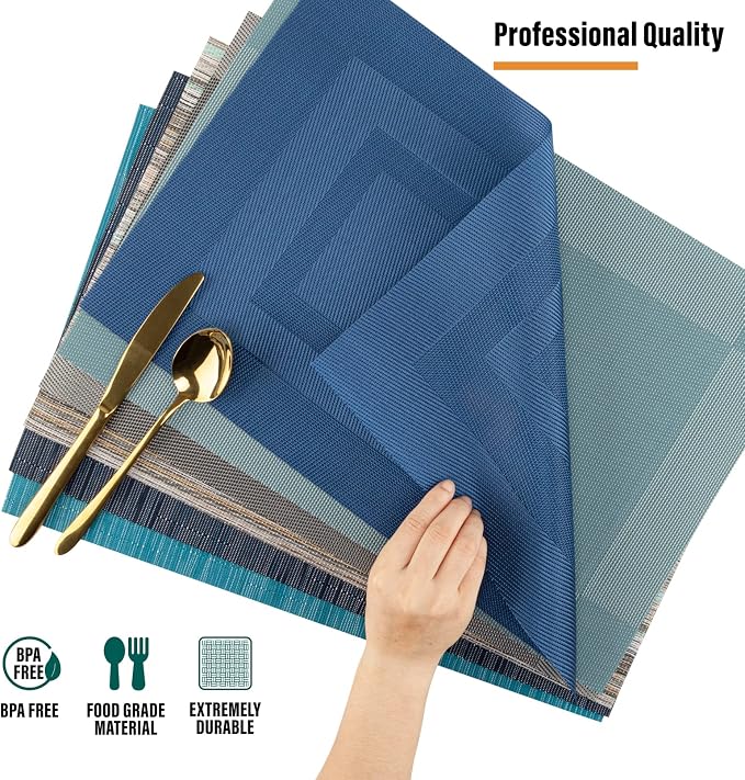 Winknowl Placemats for Dining Table Set of 8 Waterproof, Woven Place Mats for Kitchen Table Vinyl Heat Insulation Stain Resistant Placemats (Gray)