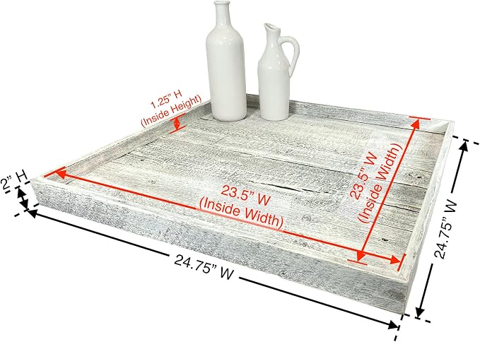 Wooden Ottoman Tray with Felt Pad – Decorative Couch Serving Tray Made with Real Rustic Reclaimed Wood - Perfect for Living Room Ottomans, Sofas, & Coffee Tables -24" x 24"- White Wash