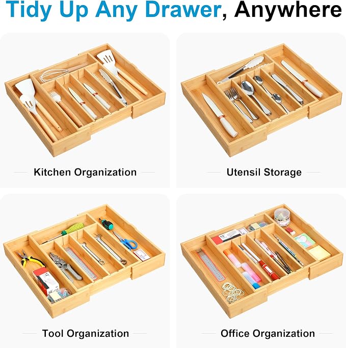 Bamboo Expandable Drawer Silverware Organizer (12.6-20.5") | 3 removable dividers,5 tracks for custom storage. Multi-use for utensils, stationery, tools. Durable bamboo, wipe clean