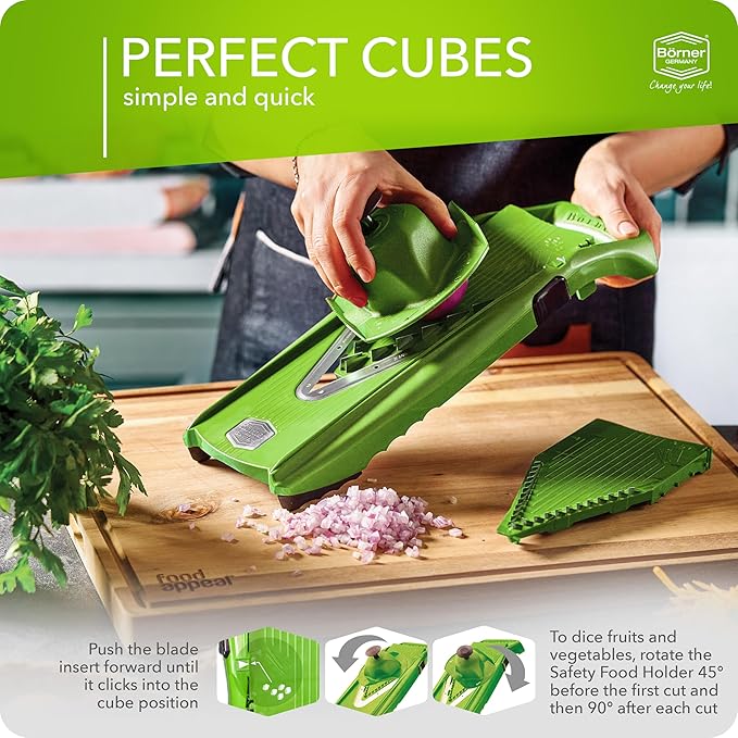 Börner Mandoline Slicer V5 (Professional Set) • Adjustable Vegetable Slicer (7-piece) • 10 Cutting Styles • Kitchen Slicer incl. Docking Station • Stainless Steel V-Blade • Color: Green
