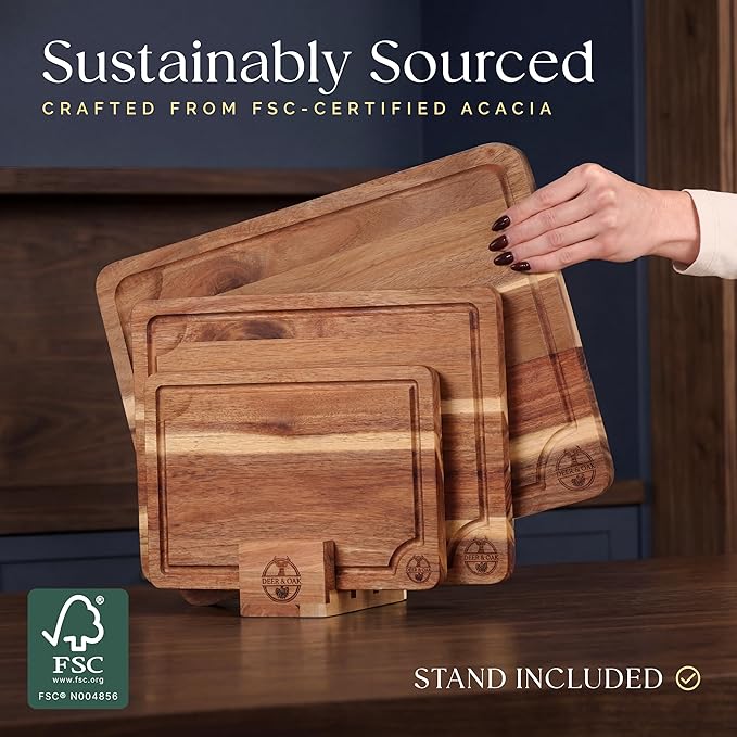 Pre-Oiled, Non Toxic 3-Piece Acacia Cutting Board Set with Stand, FSC Certified Wooden Chopping Boards, Includes 3.4 fl oz Chopping Board Oil, 3 Wood Carving Boards for Home, BBQ Kitchen, Deer & Oak