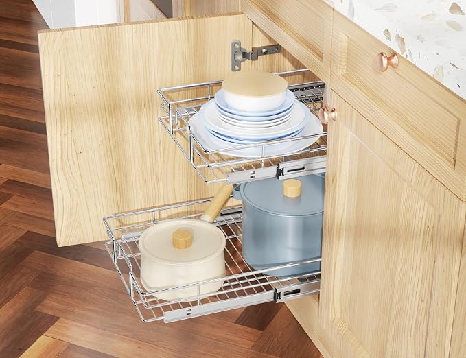 LOVMOR Individual Pull Out Cabinet Organizer, 2 Tier Slide Out Cabinet Drawers, Pots and Pans Organizer and Storage Pantry Shelf for Kitchen (14" W x 18" D)