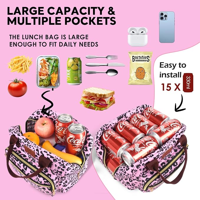 Insulated Lunch box for Women,Leakproof Quilted Thermal Lunch Bag, 14L Large Capacity Lunch Tote Bag Lightweight LunchBox Cooler for Work, School, Picnic or Travel with 2 Front Pocket-Leopard print