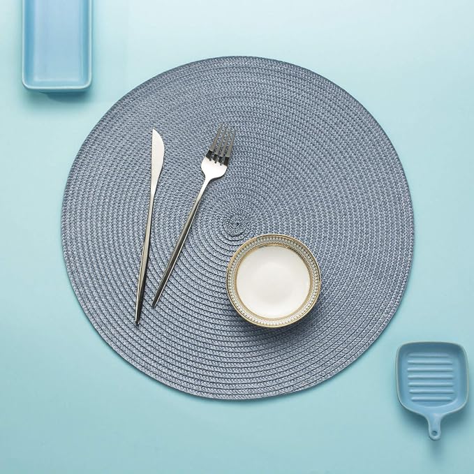 AHHFSMEI Round Placemats Set of 6 Heat Resistant Washable Non-Slip Woven Braided Table Mats for Dining Table Kitchen & Home Decor (Light Blue)