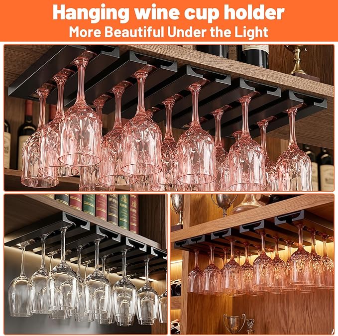 5 Pack Wine Glass Holder Under Shelf, Wine Glass Rack Under Cabinet Stemware Rack Punch Free Plastic Glassware Drying Hanger for Bar Restaurant Kitchen(Black)