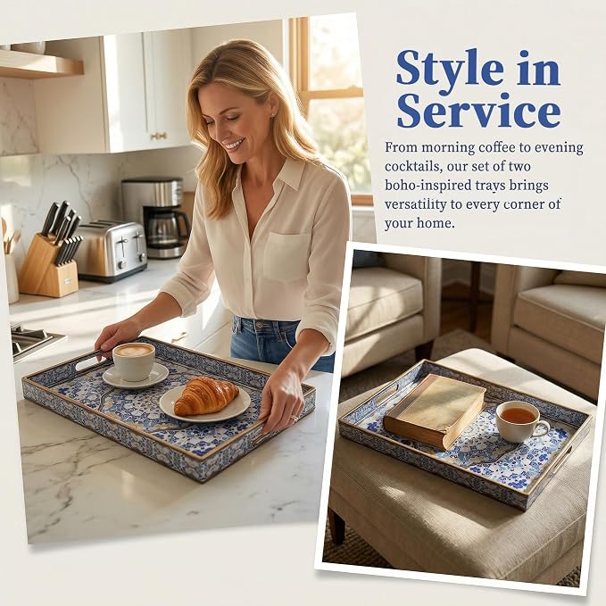 Boho Decorative Tray, Modern Blue Serving Tray with Handles, Ottoman Trays Set of 2, Plastic Coffee Table Tray for Living Room, Bathroom, Kitchen, Decor, Large 15.7”*11.8”, Small 13.7"*9.8"