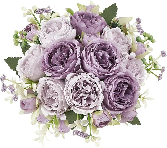 Mkono Peonies Artificial Flowers, Small Silk Flowers for Home Decor Indoor Fake Bouquet Faux Floral Arrangements Dining Table Centerpieces for Kitchen Party Decor Purple