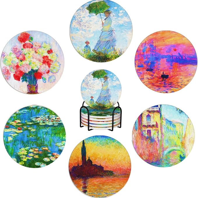Monet Impression Sunrise Drinks Absorbent Coasters with Holder Set of 6, Coffee Table Decor, Ceramic Stone Coaster with Cork Base Tabletop Protection Mat for Mugs and Cups,Office,Kitchen