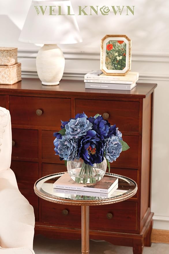 WELL KNOWN Artificial Blue Peonies Flowers in Vase with Faux Water, Silk Fake Flower Arrangements for Spring Home Dining Coffee Table Decor Wedding Party Centerpieces & Mom's Birthday Gift