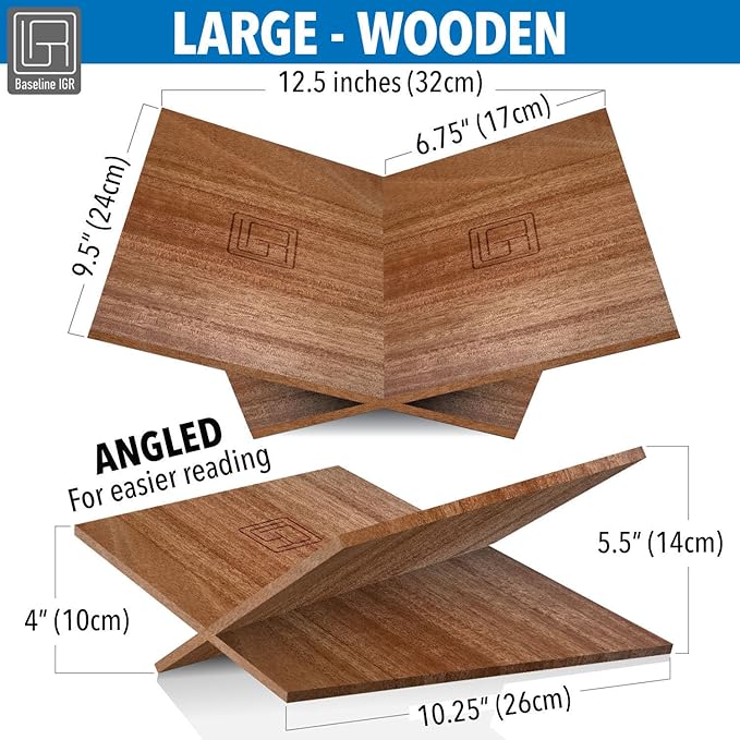 Large Wood Book Stand, 12.5" x 9.5" x 5.5”, Angled Natural Mahogany Wooden Book Holder, Open Bookstand for Display and Reading, Cookbooks, Art Books, Bibles, Magazines - Home and Office
