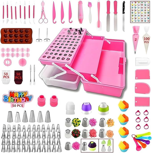 Cake Decorating Kit, 387 Pcs Baking Supplies Tools with 56 Icing Tips, 8 Russian+Ball Tips, 3 Spatulas, 5 Couplers, 8 Carved Pens, 102 Pastry Bags, Storage Box & More, (Pink)