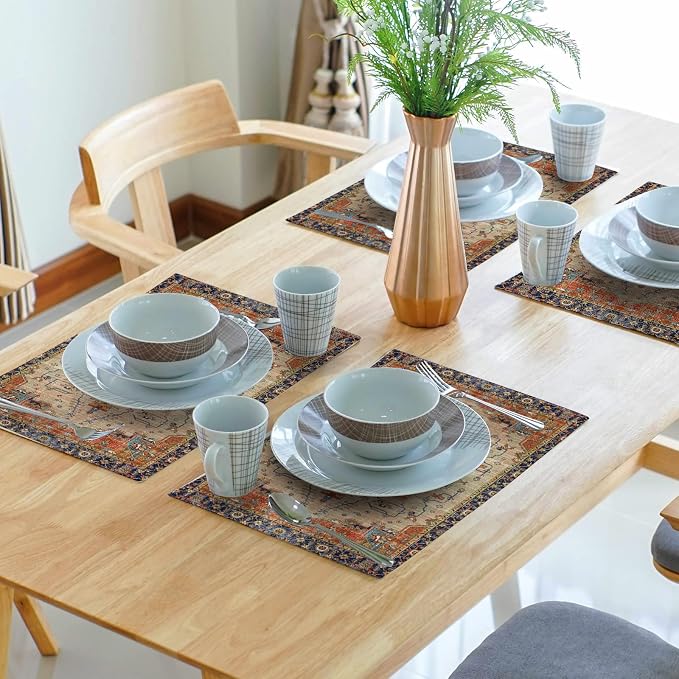Aztec Terracotta Boho Placemats Set of 6 Vintage Rust Retro Carpet Linen Washable Kitchen Dining Table Mats Stain Heat-Resistant Desktop Decor Place Mats for Home Party Indoor 12x18 Inches