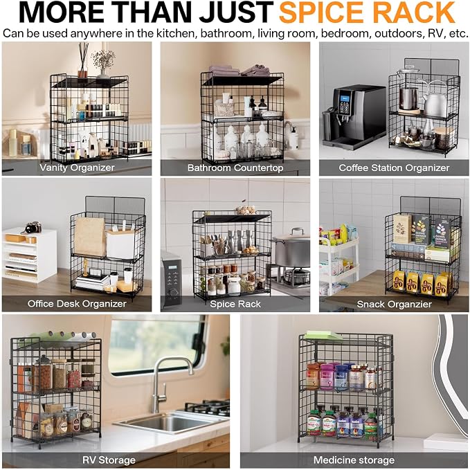 DTUQYX Bathroom Counter Storage Organizer, 3 tier Flodable Perfume Make up Organizers for Vanity, Installation-free Metal Seasoning Shelf Spice Rack for Countertop, Kitchen, Cabinet, Bedroom, RVs
