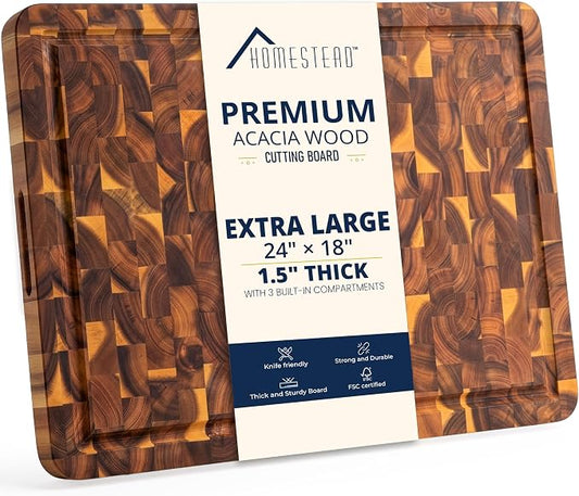 HOMESTEAD End Grain Acacia Wood Cutting Board for Kitchen 24x18x1.5 in, Large Butcher Block Chopping Board for Meat Vegetables with Juice Groove, Handles, Knife-Friendly Surface, Sorting Compartments