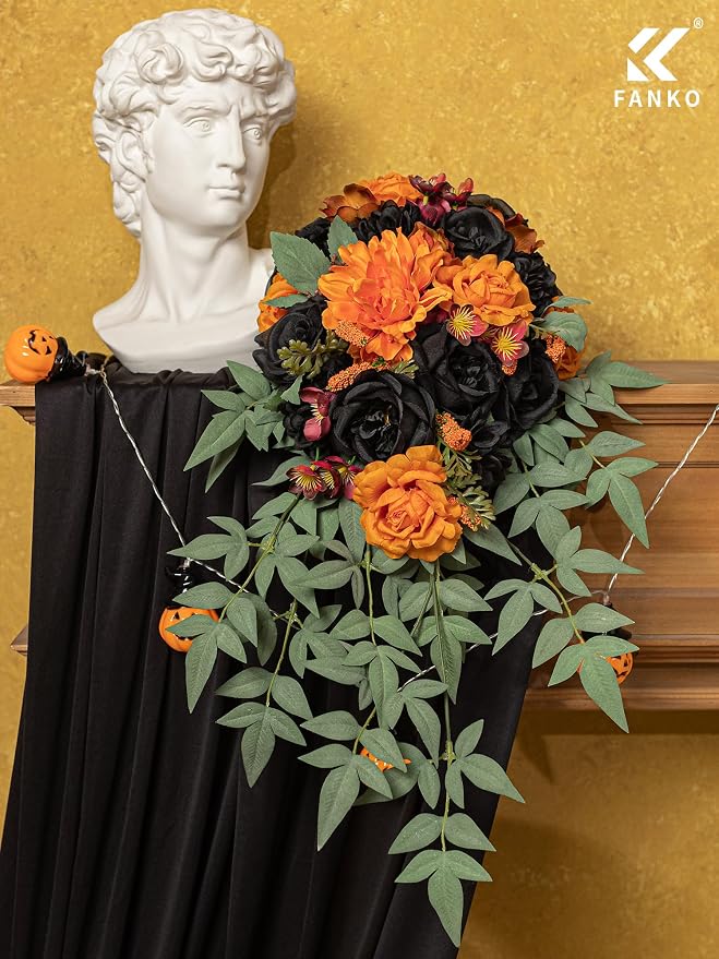 FANKO Artificial Flowers for DIY, Black Orange Faux Flowers Bouquet, Fake Rose Poppy Silk Flowers for Vase, Home Decor, Celebrations, Summer Wedding, Gothic Events, Party