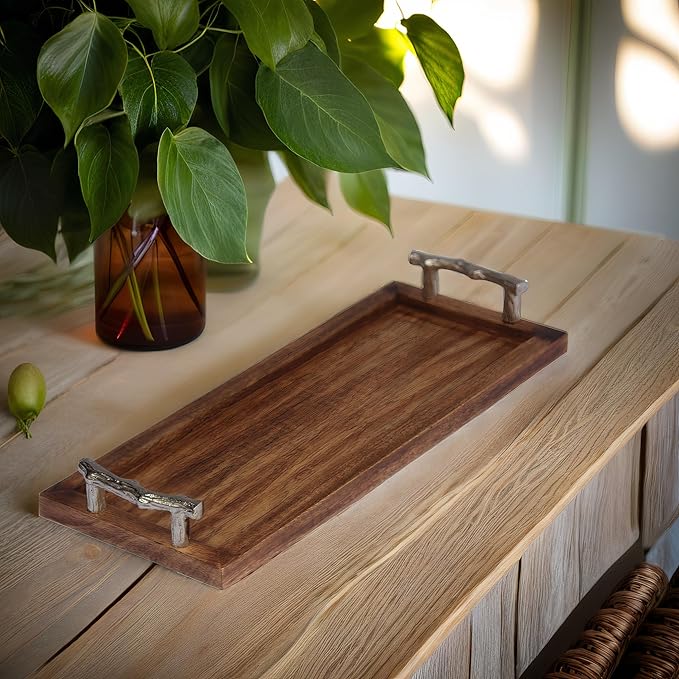 Plain Wooden Serving Tray Perfect for Dining Medium and Large with Rustic Handle, Kitchen & Home Decor Stylish & Durable Food & Drink Platter for Parties (20 x 8)