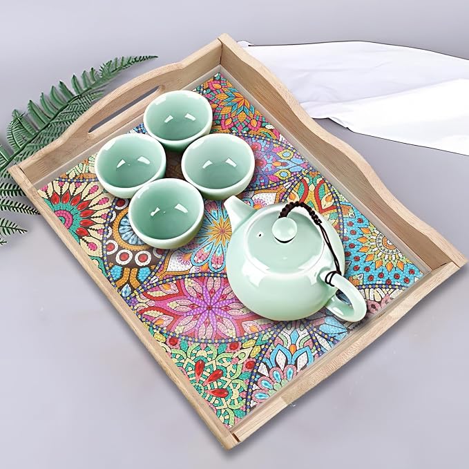 Generic DIY Diamond Serving Tray Rectangular Upgrade Increase Breakfast Tray with Handles Handmade Diamond Art Painting Wooden Tray Dinner Plate for Coffee Living Room Home Organizer-Mandala01