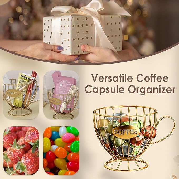 2-Pack Capsule Holder, Large Coffee & Tea Storage Organizer, Metal Basket for Countertop, Multi-Purpose Organizer for Home, Office, Cafe (Glod)