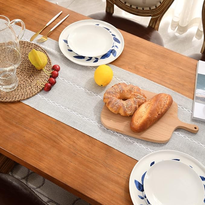 Wracra Rustic Linen Table Runner Farmhouse Style Table Runners 108 inches Long Embroidered Table Runner with Hand-Tassels for Party, Dresser Decor and Dining Room Decorations (Light Grey, 13"×108")