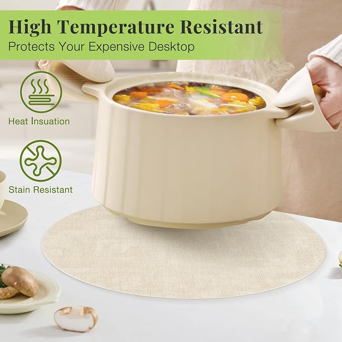 13-Inch Faux Leather Round Placemats Set of 8, Waterproof Anti-Slip Dual Sided Place mats, Heat Resistant Washable Table Mats with Coaster, Suitable for Indoor & Outdoor (8, Black Beige)