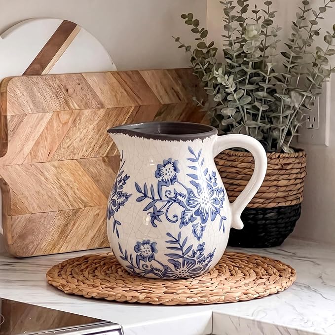 Blue Floral Ceramic Utensil Holder for Kitchen Counter, 6.69 Inch Rustic Farmhouse Cooking Utensil Holder with Handle Modern Kitchen Organizer Crock for Countertop Vintage Chinoiserie Decor