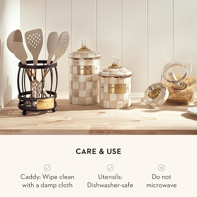 MACKENZIE-CHILDS Utensil Caddy Set with Kitchen Utensils, Brown-and-White Mocha Check