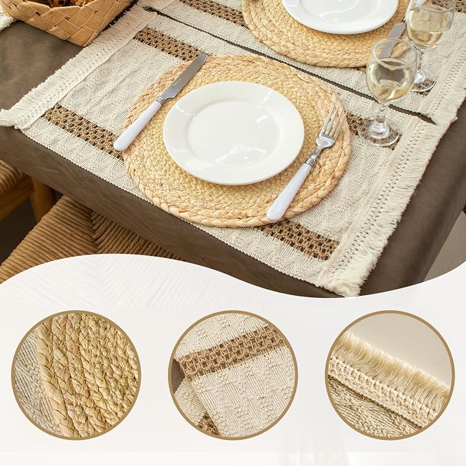 Openwork Placemats with Tassels for Dining Table Decor, Cotton-Linen Blend Rectangle Farmhouse Rustic Style Woven Table Mats - Set of 4