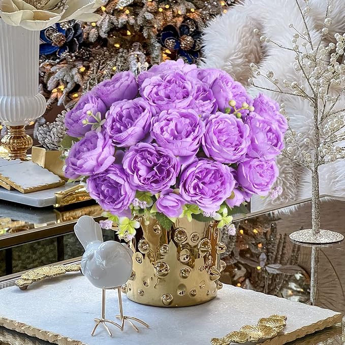 Artificial Peonies Silk Flowers, Purple Faux Peony Bouquet 4 Bundles Florals Arrangements Decor for Farmhouse Home Boho Wedding Table Centerpiece, Fake Plastic Flowers Bulk for Vase Decoration Purple