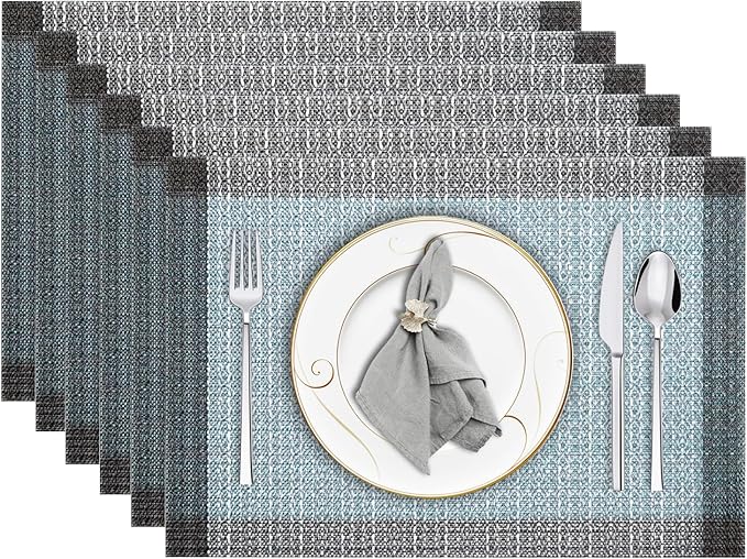 Niviy Blue Grey Ethnic Boho Placemats Set of 6, 12x18 Inch Linen Burlap Washable Durable Art Table Mats for Holiday Party Kitchen Dining Room Decoration