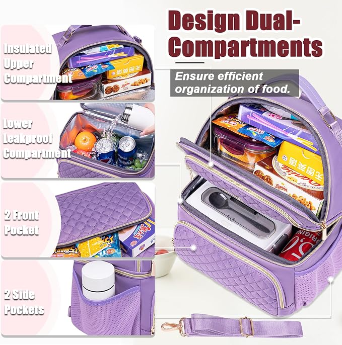 Weitars Lunch Bag for Women,Dual Compartment Lunch Box for Women Lunch Tote for Work,Insulated Leakproof Lunch Cooler Bag with Side Pockets and Adjustable Strap for Hiking,Picnic,Beach