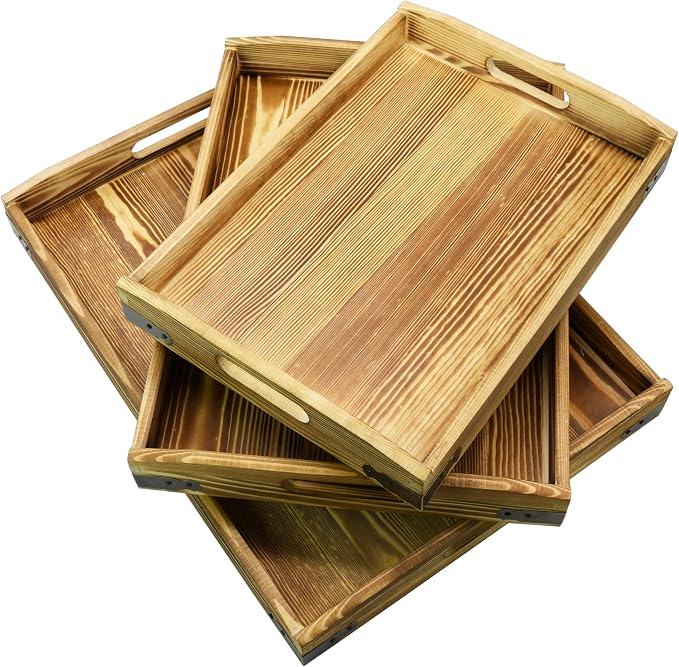 Owlgift Rustic Burnt Wood Serving Trays with Brass Metal Wrap Accents, Set of 3