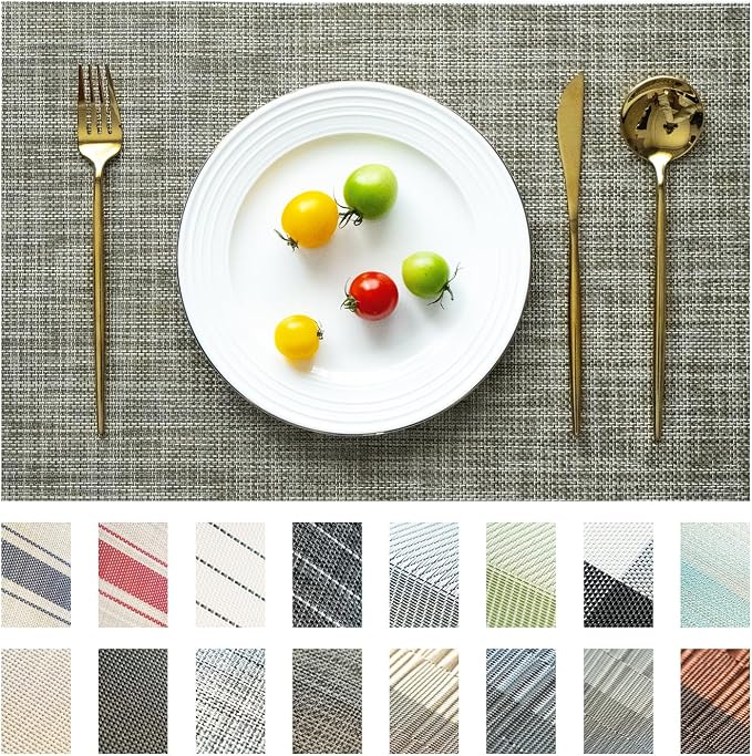 Placemats Set of 12 Vinyl/Plastic Woven Place Mats for Kitchen Table Indoor/Outdoor Washable Placemat Wipeable Dining Table Mats (Brown,12)