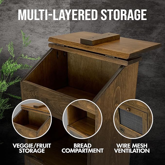 Peaceful Classics Potato Storage Wood Box, Wooden Bread Bins, Decorative and Onion Bin, Bin w/ Grocery Section, Vegetable Lid for Kitchen Pantry, Special Walnut, KS302SW