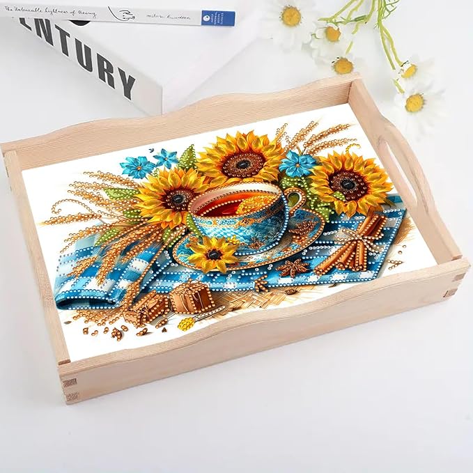 BAYUNOE DIY Diamond Serving Tray Christmas Rectangular Breakfast Tray with Handle Handmade Diamond Art Painting Wooden Tray for Dinner Plate Coffee Room Living Home Organizer-Afternoon Tea