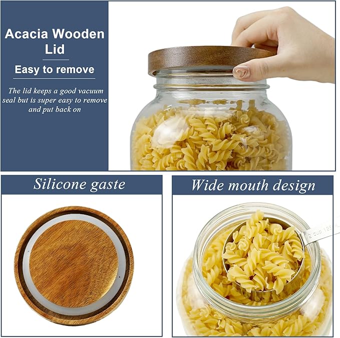 2 Pack Glass Flour Sugar Storage Containers with Acacia Wooden Lid, 1 Gallon Glass Jars with Airtight Lid, Wide Mouth Large Mason Jars 128oz for Rice, Pasta, Oats, Coffee Storage
