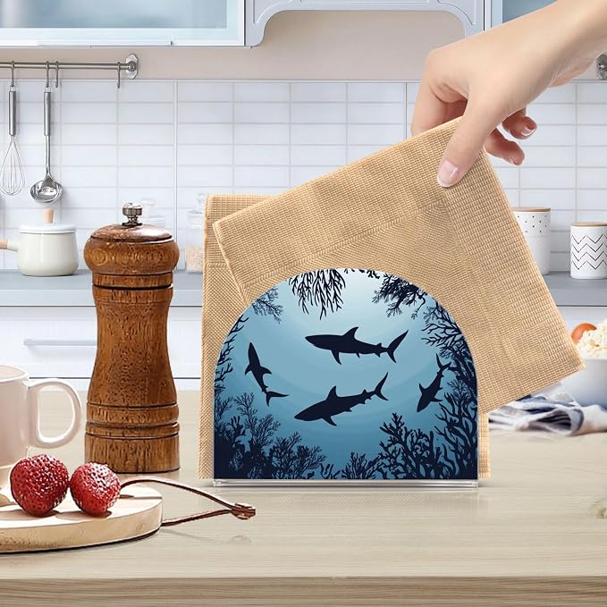 Fustylead Swimming Sharks Ocean Animal Napkin Holder for Table Acrylic Vertical Napkin Holders for Paper Napkins Decor Napkin Dispenser for Home Party Dining Cocktail Kitchen Accessories, 2 Pack