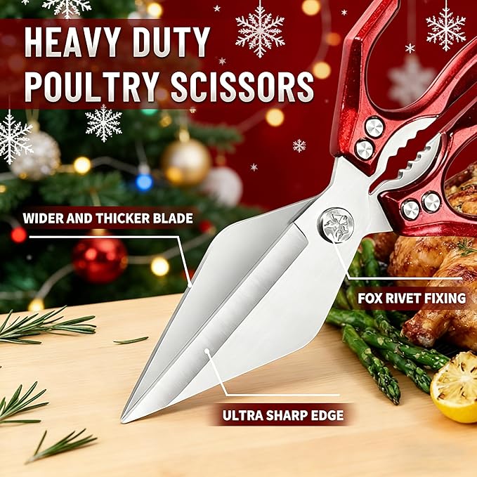 Multifunctional Heavy Duty Poultry Shears, Japanese High-Carbon Steel Kitchen Shears, Kitchen Scissors for Food,Stainless Steel Meat Scissors for Cutting Chicken, Turkey, Meat and Food Prep (Red)