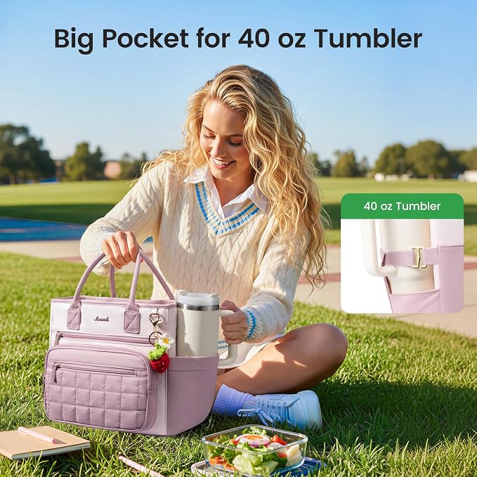 LOVEVOOK Insulated Lunch Bag Women,Puffer Adult Lunch Box for Women with Handmade Strawberry Charm,Wide Opening Leakproof Cooler Bag with Cup Holder for Work Picnic Beach Family College Mom Teacher