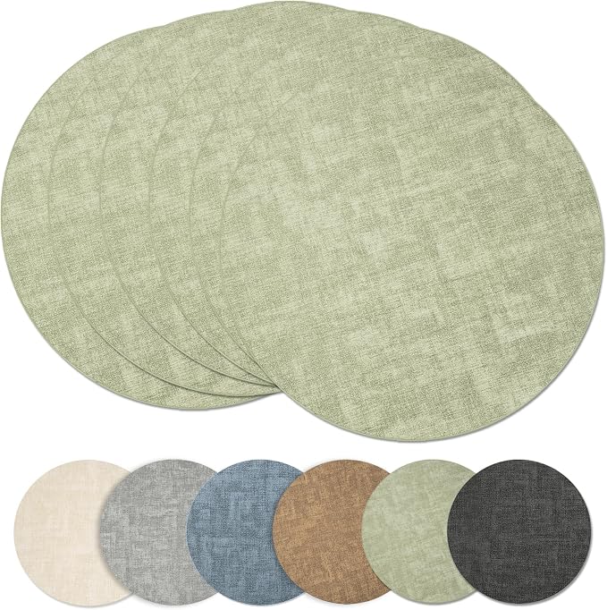 Maxpearl Round Placemats Set of 6, 13.8 inch Faux Leather Heat Resistant Table Mats, Non Slip Waterproof Wipeable Place Mats for Kitchen Dining Holiday Party Table Settings, Sage Green