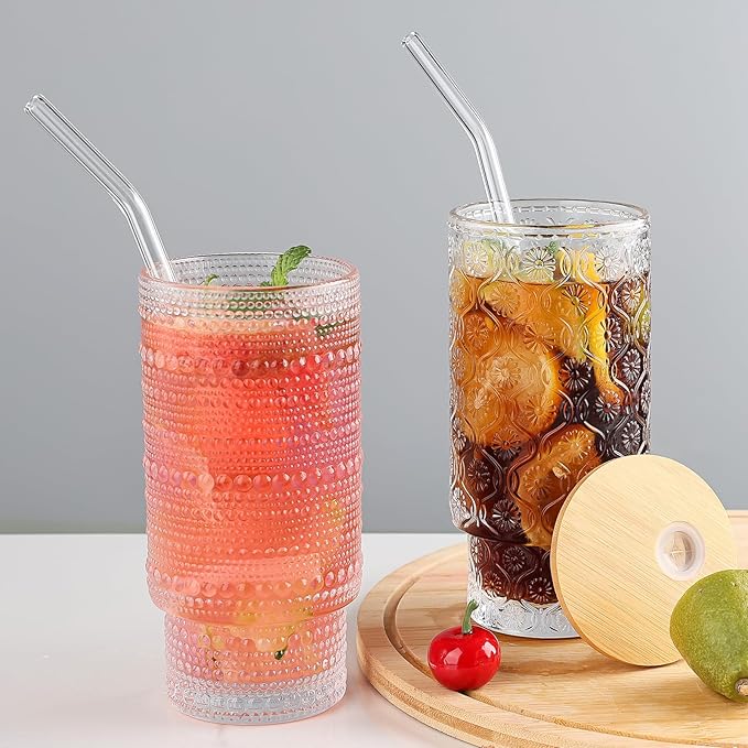 16oz Glass Cups with Lids and Straws, 4 Pack Vintage Drinking Glasses Tumblers Begonia Flower Iced Coffee Cups for Kitchen, Home, Office, Gifts