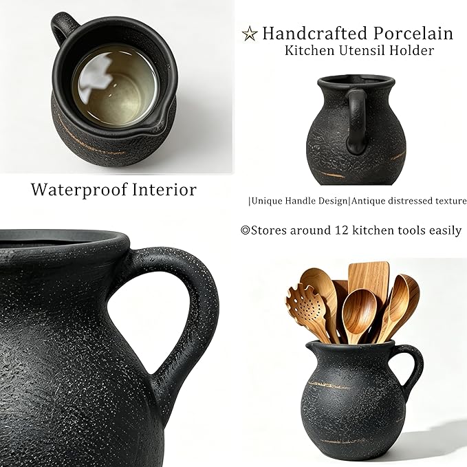 Rustic Kitchen Utensil Holder, 7.3'' Ceramic Vintage Utensil Crock for Counter, Farmhouse Utensil Crock Countertop Organizer for Spatulas Spoons Cooking Tools, Modern Home Kitchen Decor (Black)