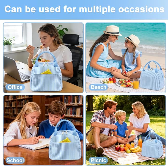 LEDAOU Lunch Box for Women Insulated Lunch Bag Corduroy Lunch Tote Bags Leakproof Cooler Lunch Case for Travel Work Picnic (K-Stripes-Blue)