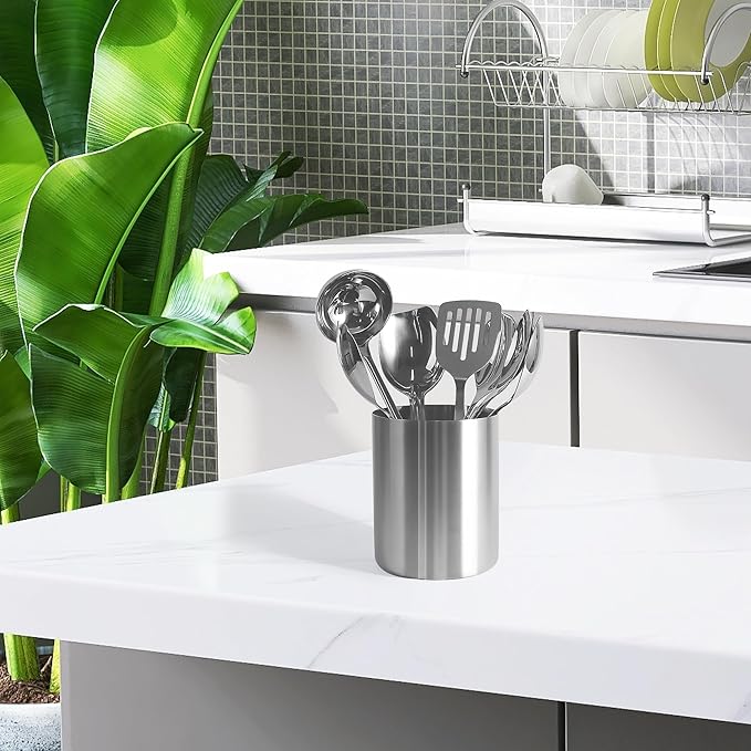 IMEEA Small Utensil Holder for Kitchen Counter 5.3" Compact SUS304 Stainless Steel Countertop Organizer for Flatware, Spoons, Small Kitchen Tools