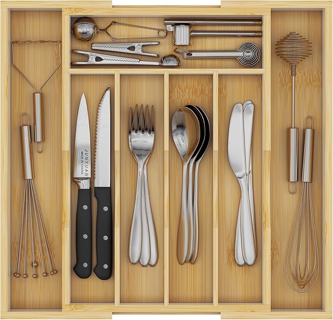 Youpehom Bamboo Utensil Organizer for Kitchen Drawers, Expandable Utensil Tray and Cutlery Silverware Holder,Wood Drawer Dividers with 7 Adjustable Slots